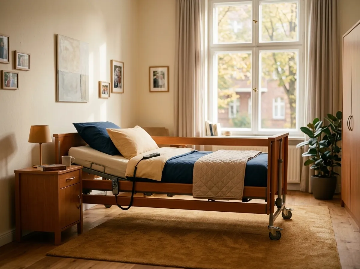 Helles Schlafzimmer mit höhenverstellbarem Pflegebett aus Holz, Nachttisch und Fenster mit Herbstlicht